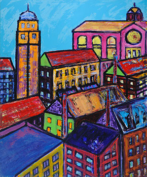 "Cabin in the Woods" acrylic, 48” x 40” $1500